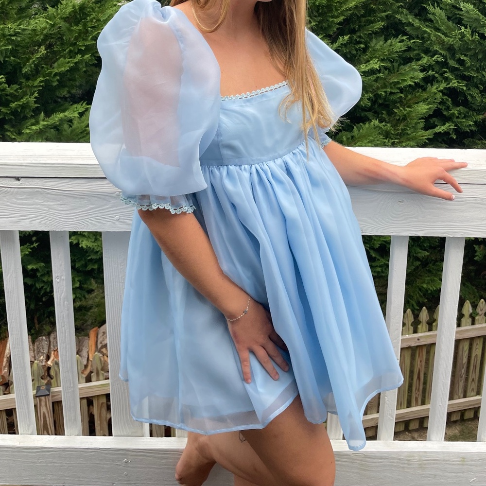 Blue Babydoll Puff Sleeve Dress